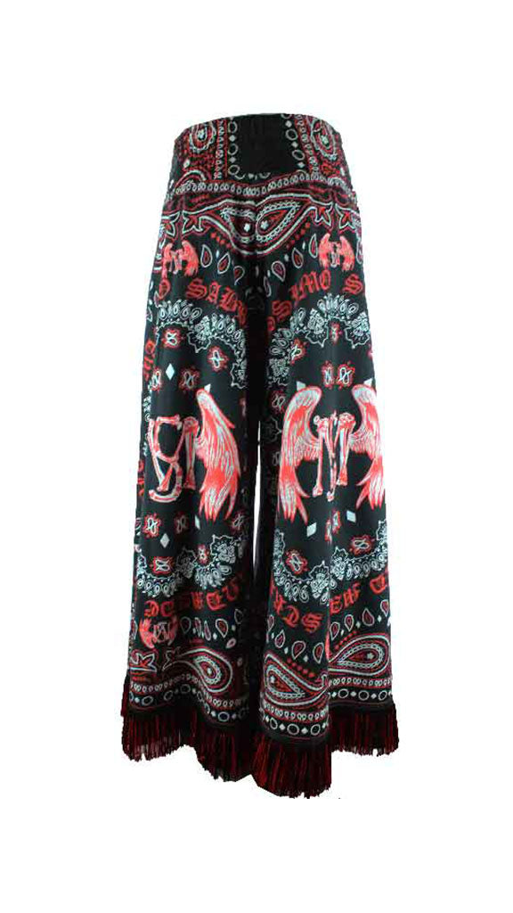 pantaloni a palazzo larghi da donna stampa bandana logo Massimo Sabbadin con frange taglia unica veste dalla s alla l