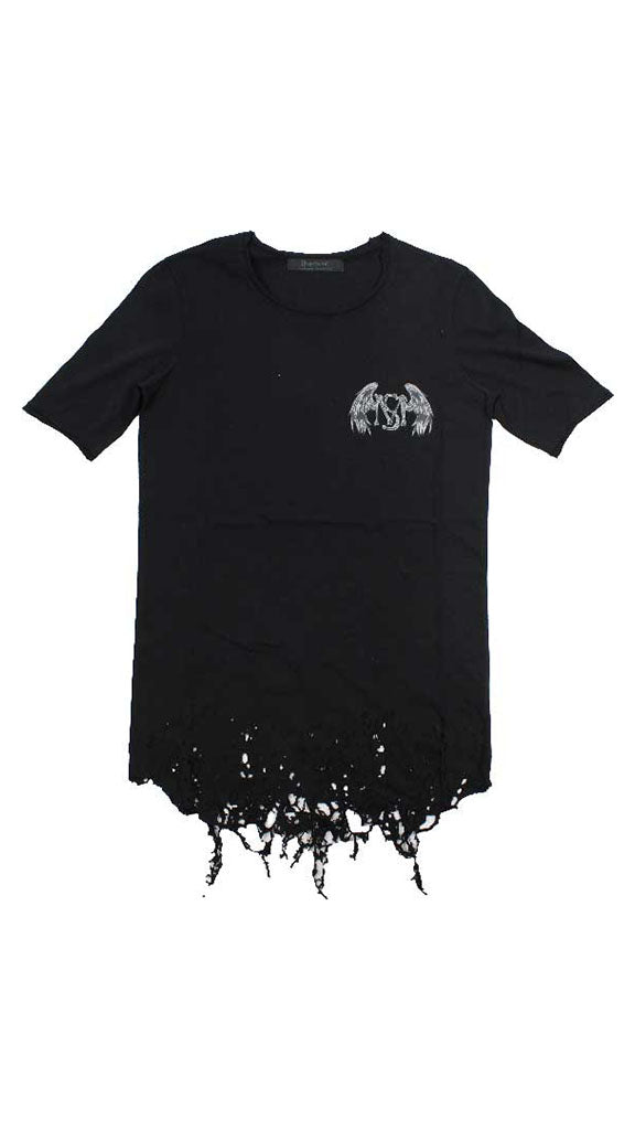 t shirt destroy iconica con logo massimo sabbadin vestibilità slim collo largo trattamento di rotture fatta a mano in italia
