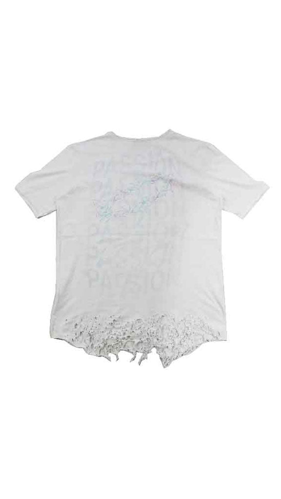 t shirt destroy iconica massimo sabbadin vestibilità slim collo largo stampa serigrafica trattamento di rotture fatta a mano in italia