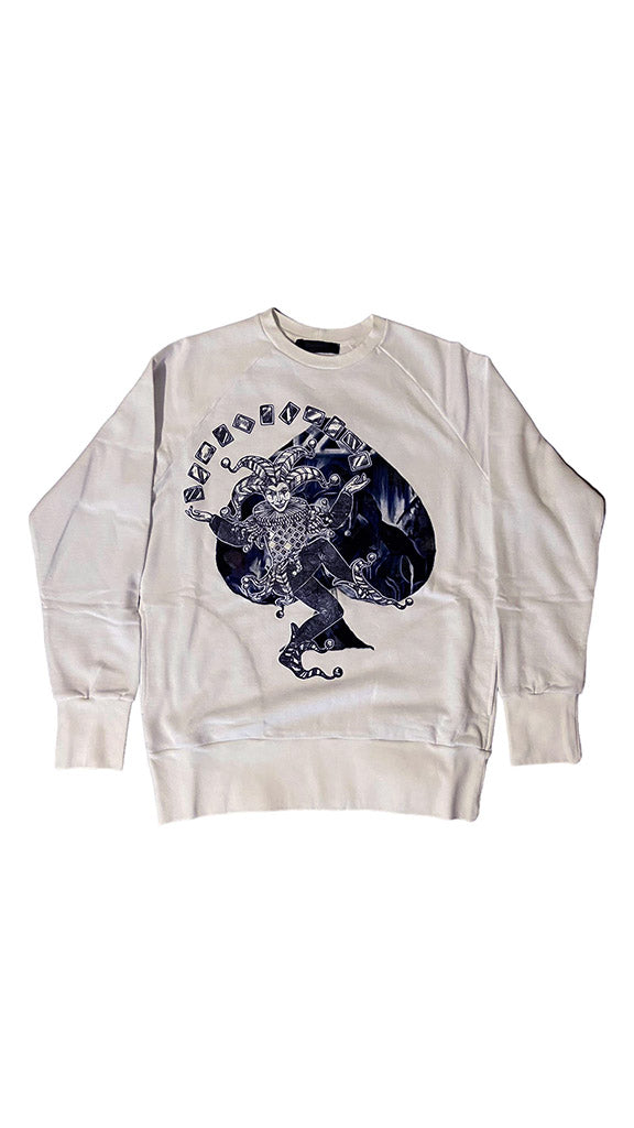 massimo sabbadin felpa oversize alla t shirt è stata appplicata una t shirt rock come patch e sovrastampata con un joker effetto glitte