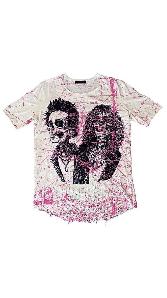 Massimo Sabbadin destroy t shirt t shirt slim fit iconica maniche strette collo ampio effetto rotture stampa all over bubble rosa