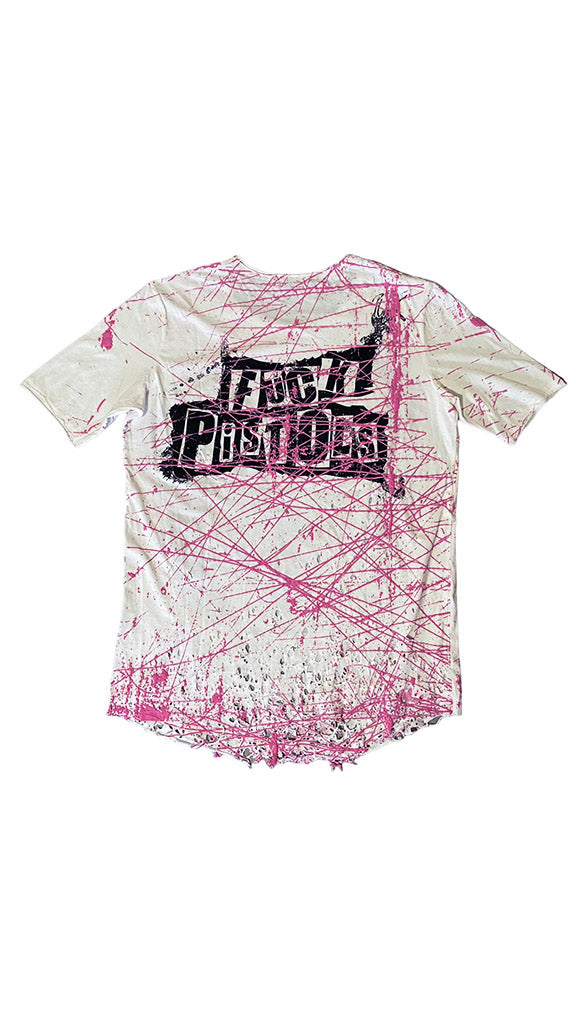 Massimo Sabbadin destroy t shirt t shirt slim fit iconica maniche strette collo ampio effetto rotture stampa all over bubble rosa